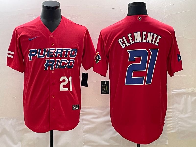 Men 2023 World Cub Puerto Rico #21 Clemente Red Nike MLB Jersey8